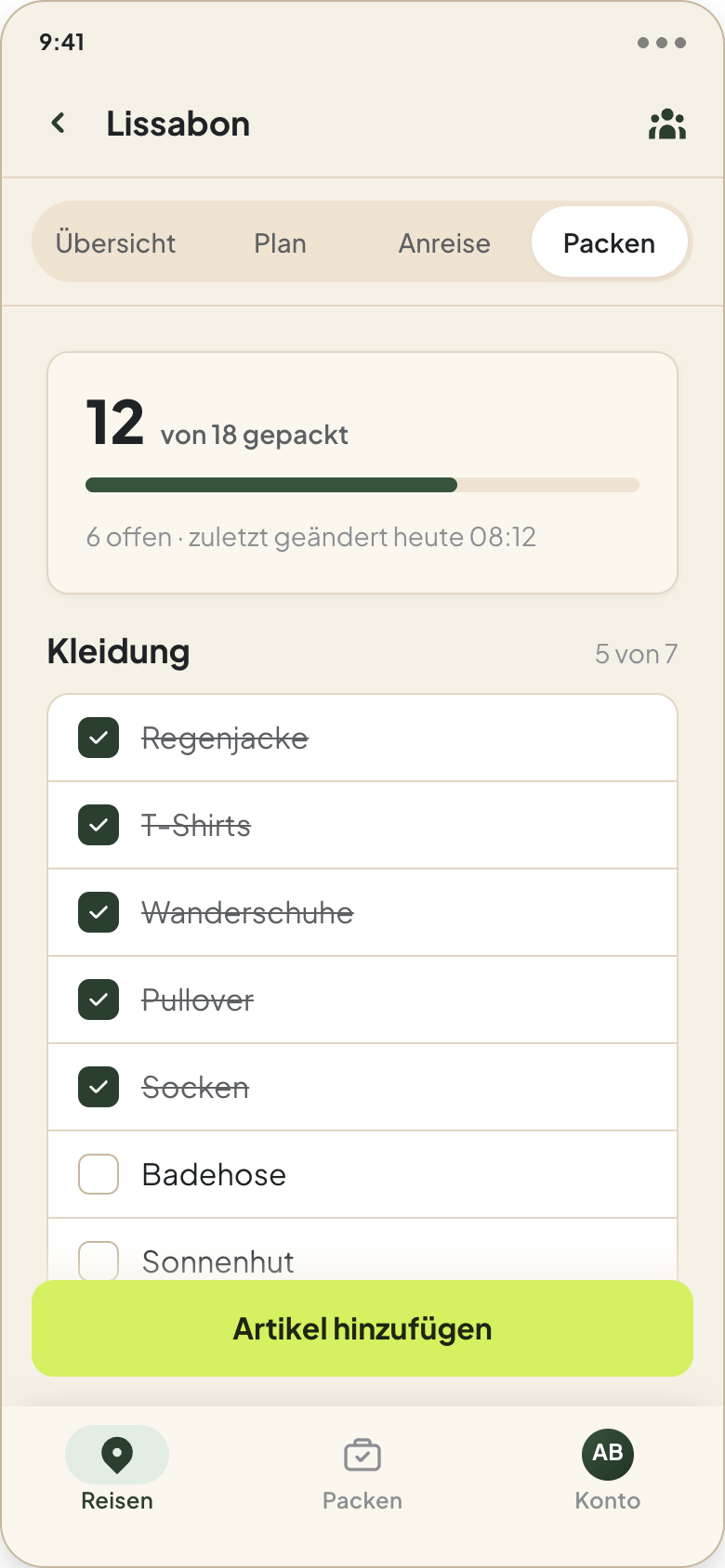 Packen-Tab in Voyaly: Fortschritt und Artikel nach Kategorien zum Abhaken