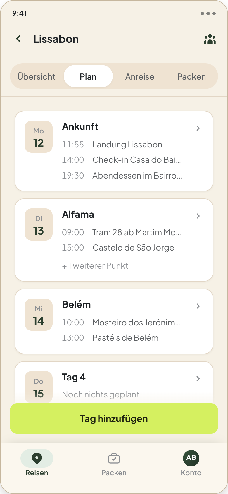 Plan-Tab in Voyaly: fünf Tage als Karten mit Uhrzeiten und Programmpunkten